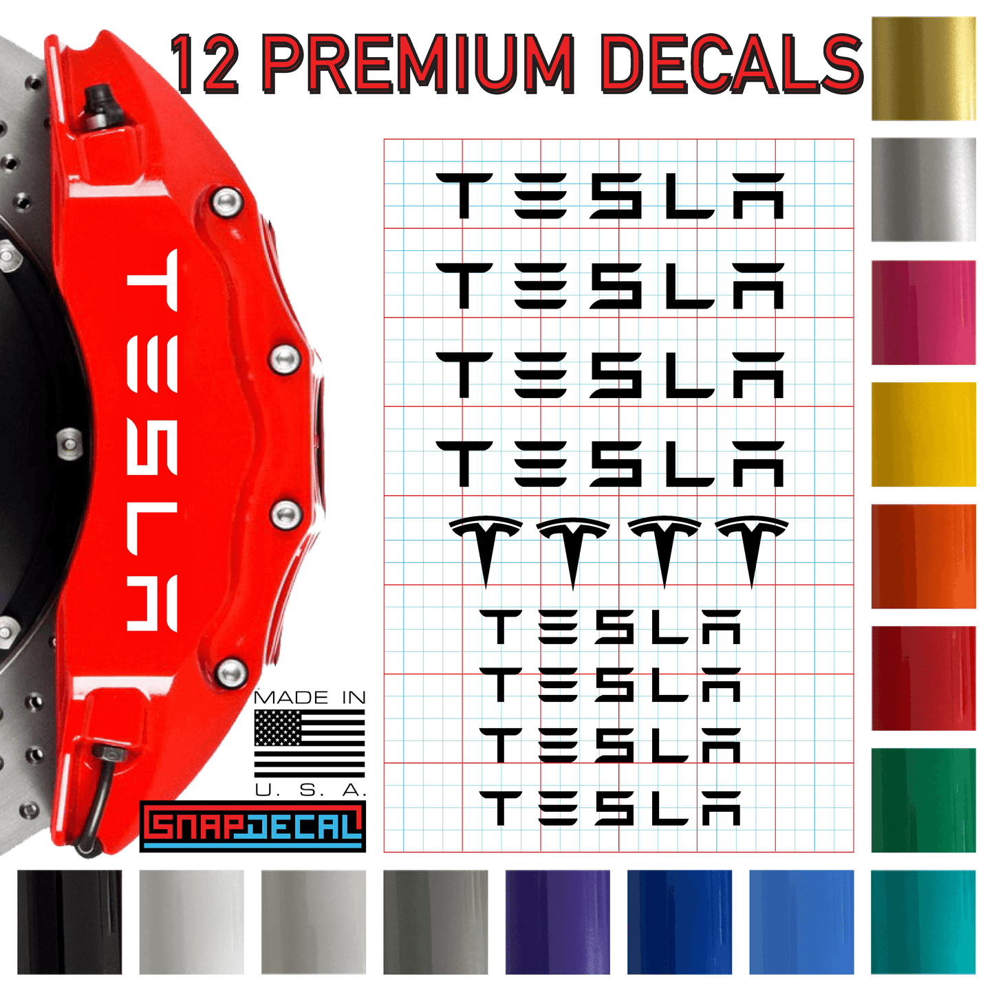 12 Tesla Brake Caliper Decals - Snap Decal