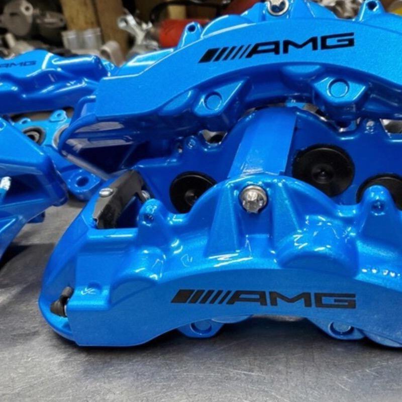 Amg high quality brake caliper decal stickers curved logo 2x 109mm x 15mm  blue